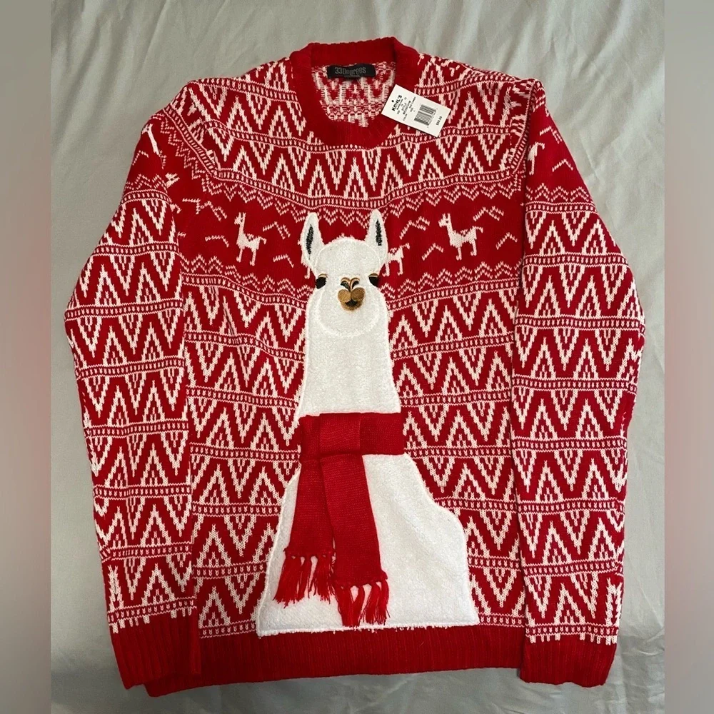 Large Red and White Llama Christmas Sweater by 33 Degrees